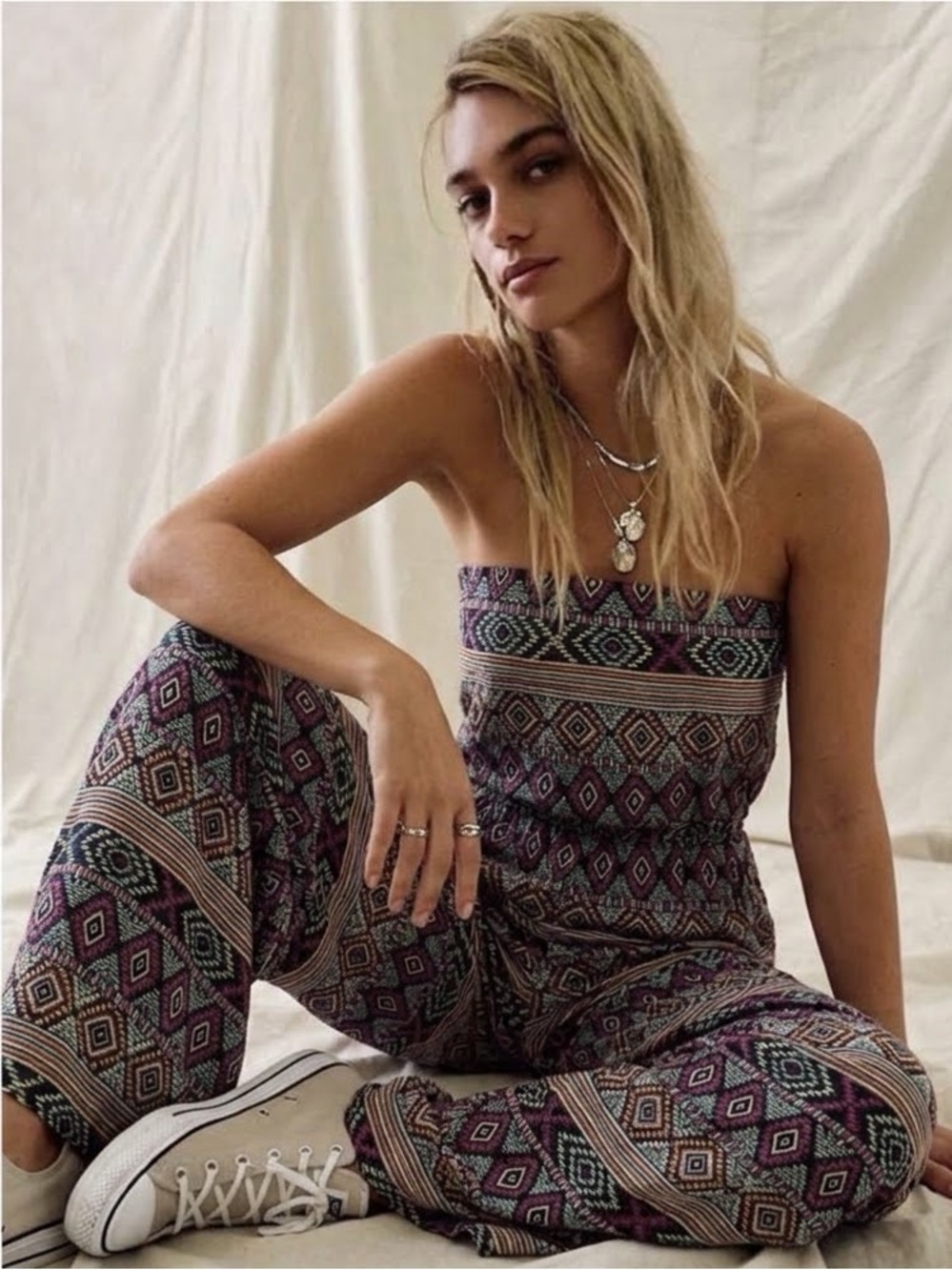 NEW Dizzire Palazzo Wide Leg Jumpsuit LARGE Purple Off the shoulder Bohemian